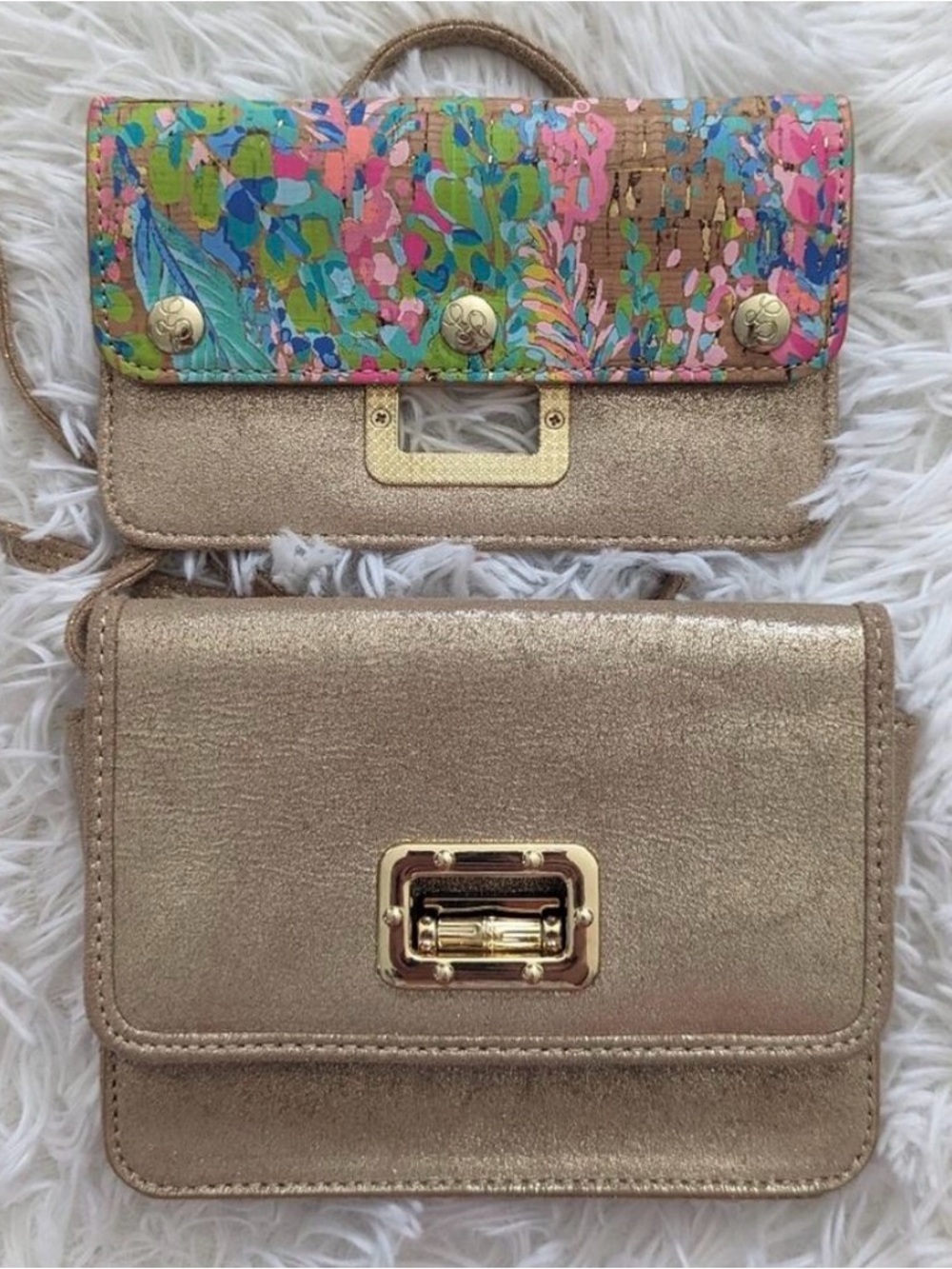 RARE Lilly Pulitzer Catch The Wave Gold Women's Crossbody Bag Interchangable